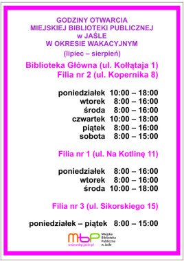 Godziny pracy Biblioteki w okresie wakacyjnym